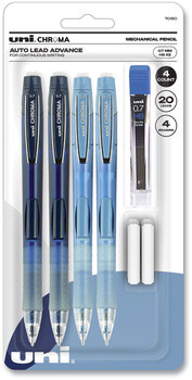 uniball® Chroma Mechanical Pencil Pencils with Tube of Lead/Erasers, 0.7 mm, HB (#2), Black Lead, Assorted Barrel Colors, 4/Set