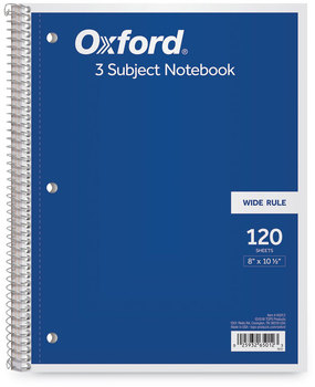 Oxford™ Coil-Lock Wirebound Notebooks 3-Hole Punched, 3-Subject, Wide/Legal Rule, Randomly Assorted Covers, (120) 10.5 x 8 Sheets