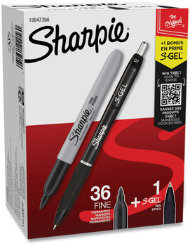 Sharpie® Fine Tip Permanent Marker Value Pack with (1) Bonus S-Gel 0.7 mm Black Ink Pen, Bullet Markers, 36/Pack