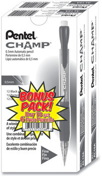 Pentel® Champ® Mechanical Pencil Value Pack, 0.5 mm, HB (#2), Black Lead, Clear/Black Barrel, 24/Pack