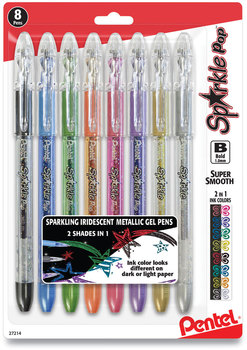 Pentel® Sparkle Pop™ Metallic Gel Pen Stick, Bold 1 mm, Assorted Ink Colors, Clear Barrel, 8/Pack