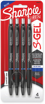 Sharpie® S-Gel™ High-Performance Pen Gel Retractable, Bold 1 mm, Blue Ink, Black Barrel, 4/Pack