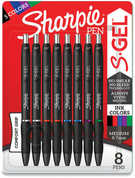 Sharpie® S-Gel™ High-Performance Pen Gel Retractable, Medium 0.7 mm, Five Assorted Ink Colors, Black Barrel, 8/Pack