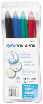 EXPO® Vis-ŕ-Vis® Wet Erase Marker Vis-a-Vis Fine Bullet Tip, Assorted Colors, 4/Set