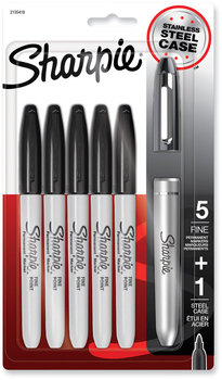 Sharpie® Fine Tip Permanent Marker Stainless Steel Single Case, Bullet Black, 5/Pack