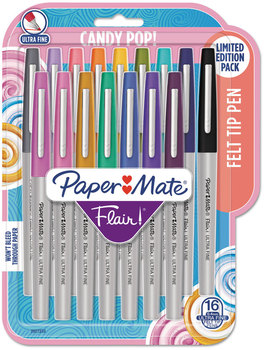 Paper Mate® Flair Felt Tip Marker Pen Porous Point Stick, Extra-Fine 0.4 mm, Assorted Ink Colors, Gray Barrel, 16/Pack