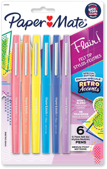 Paper Mate® Flair Felt Tip Marker Pen Porous Point Stick, Medium 0.7 mm, Assorted Ink and Barrel Colors with Retro Accents, 6/Pack