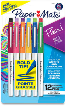 Paper Mate® Flair Felt Tip Marker Pen Porous Point Stick, Bold 1.2 mm, Assorted Ink Colors, White Pearl Barrel, 12/Pack