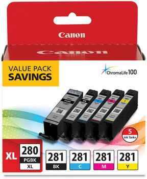 Canon® PGI-280 XL / CLI-281 5-Pack Ink 2021C007 (CLI-281; XL) ChromaLife100+ Black XL/Black/Cyan/Magenta/Yellow, 5/Pack
