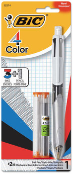 BIC® 4-Color™ 3 + 1 Ball Pen and Pencil Multi-Color Ballpoint Pen/Pencil, Retractable, mm Pen/0.7 Black/Blue/Red Ink, Gray/White Barrel