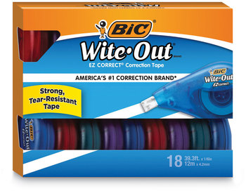 BIC® Wite-Out® Brand EZ Correct® Correction Tape Value Pack, Non-Refillable, Randomly Assorted Applicator Colors, 0.17" x 472", 18/Pack