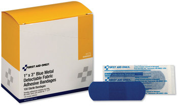 First Aid Only™ Metal Detectable Woven Adhesive Bandages Blue 1 x 3, Plastic with Foil, 100/Box, 12 Boxes/Carton