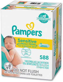 Pampers® Sensitive Baby Wipes 1-Ply, 6.7 x 7, Unscented, White, 84/Pack, 7/Carton