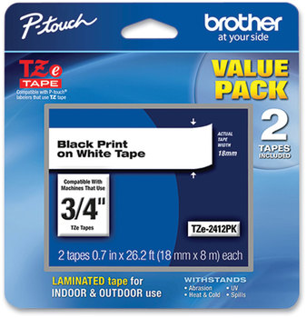 Brother P-Touch® TZe Series Standard Adhesive Laminated Labeling Tape 0.7 in. X 26.2 ft. Black on White. 2/pack.