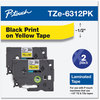 A Picture of product BRT-TZE6312 Brother P-Touch® TZe Series Standard Adhesive Laminated Labeling Tape 0.47" x 26.2 ft, Black on Yellow, 2/Pack