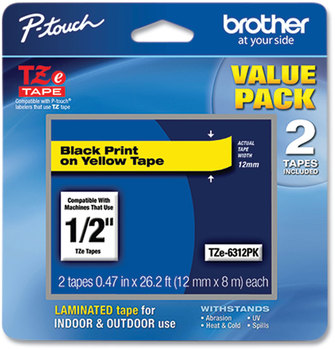 Brother P-Touch® TZe Series Standard Adhesive Laminated Labeling Tape 0.47" x 26.2 ft, Black on Yellow, 2/Pack