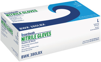 Boardwalk® Disposable General-Purpose Powder-Free Nitrile Gloves. Size Large. 4 mil. 15 in. Blue. 100 gloves/box.