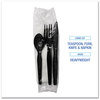 A Picture of product BWK-FKTNHWPSBLA Boardwalk® Four-Piece Cutlery Kit with Heavyweight Polystyrene Fork, Teaspoon, Knife, and Napkin. Black. 250 kits/carton.