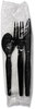 A Picture of product BWK-FKTNHWPSBLA Boardwalk® Four-Piece Cutlery Kit with Heavyweight Polystyrene Fork, Teaspoon, Knife, and Napkin. Black. 250 kits/carton.