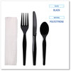 A Picture of product BWK-FKTNHWPSBLA Boardwalk® Four-Piece Cutlery Kit with Heavyweight Polystyrene Fork, Teaspoon, Knife, and Napkin. Black. 250 kits/carton.