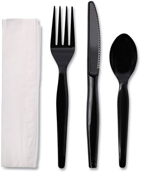 Boardwalk® Four-Piece Cutlery Kit with Heavyweight Polystyrene Fork, Teaspoon, Knife, and Napkin. Black. 250 kits/carton.