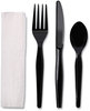 A Picture of product BWK-FKTNHWPSBLA Boardwalk® Four-Piece Cutlery Kit with Heavyweight Polystyrene Fork, Teaspoon, Knife, and Napkin. Black. 250 kits/carton.