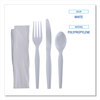 A Picture of product BWK-FKTNHWPSWH Boardwalk® Four-Piece Cutlery Kit with Heavyweight Polystyrene Fork, Teaspoon, Knife, and Napkin. White. 250 kits/carton.