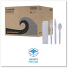 A Picture of product BWK-FKTNHWPSWH Boardwalk® Four-Piece Cutlery Kit with Heavyweight Polystyrene Fork, Teaspoon, Knife, and Napkin. White. 250 kits/carton.