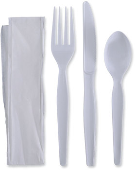 Boardwalk® Four-Piece Cutlery Kit with Heavyweight Polystyrene Fork, Teaspoon, Knife, and Napkin. White. 250 kits/carton.