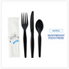 A Picture of product BWK-FKTNSHWPSBLA Boardwalk® Six-Piece Cutlery Kit with Heavyweight Polystyrene Fork, Teaspoon, Knife, Salt, Pepper, and Napkin. Black. 250 kits/carton.