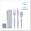 A Picture of product BWK-FKTNSHWPSWH Boardwalk® Six-Piece Cutlery Kit with Heavyweight Polystyrene Fork, Teaspoon, Knife, Salt, Pepper, and Napkin. White. 250 kits/carton.