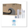 A Picture of product BWK-FKTNSHWPSWH Boardwalk® Six-Piece Cutlery Kit with Heavyweight Polystyrene Fork, Teaspoon, Knife, Salt, Pepper, and Napkin. White. 250 kits/carton.