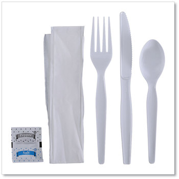 Boardwalk® Six-Piece Cutlery Kit with Heavyweight Polystyrene Fork, Teaspoon, Knife, Salt, Pepper, and Napkin. White. 250 kits/carton.