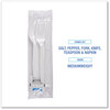 A Picture of product BWK-FKTNSMWPSWH Boardwalk® Six-Piece Cutlery Kit with Mediumweight Polystyrene Fork, Teaspoon, Knife, Salt, Pepper, and Napkin. White. 250 kits/carton.