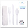 A Picture of product BWK-FKTNSMWPSWH Boardwalk® Six-Piece Cutlery Kit with Mediumweight Polystyrene Fork, Teaspoon, Knife, Salt, Pepper, and Napkin. White. 250 kits/carton.