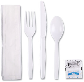 Boardwalk® Six-Piece Cutlery Kit with Mediumweight Polystyrene Fork, Teaspoon, Knife, Salt, Pepper, and Napkin. White. 250 kits/carton.