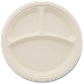 Boardwalk® Bagasse PFAS-Free Dinnerware Plate, 10" dia, 3-Compartment, Tan, 500/Carton