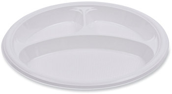 Boardwalk® Hi-Impact Plastic Dinnerware Plate, 3-Compartment, 10" dia, White, 500/Carton