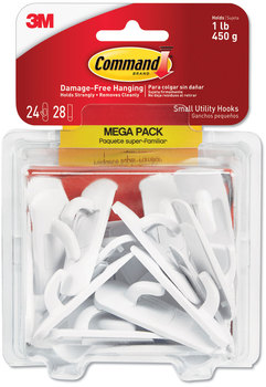 Command™ General Purpose Hooks Small, Plastic, White, 1 lb Capacity, 24 and 28 Strips/Pack