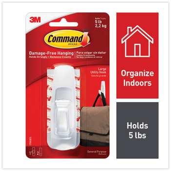 Command™ General Purpose Hooks Large, Plastic, White, 5 lb Capacity, 1 Hook and 2 Strips/Pack