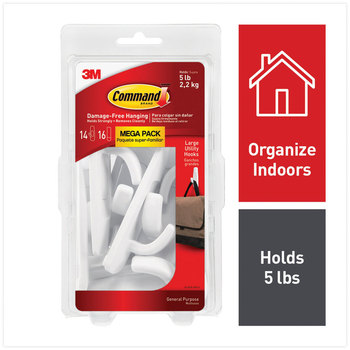 Command™ General Purpose Hooks Large, Plastic, White, 5 lb Capacity, 14 and 16 Strips/Pack
