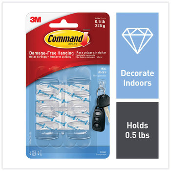 Command™ Clear Hooks and Strips Mini, Plastic, 0.5 lb Capacity, 6 8 Strips/Pack