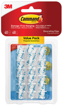 Command™ Clear Hooks and Strips Decorating Clips, Plastic, 0.15 lb Capacity, 40 48 Strips/Pack