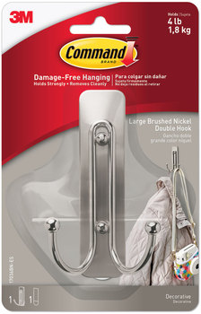 Command™ Metal Hooks Adhesive Mount Hook, Large, Double Brushed Nickel Finish, 4 lb Capacity, 1 and 2 Strips