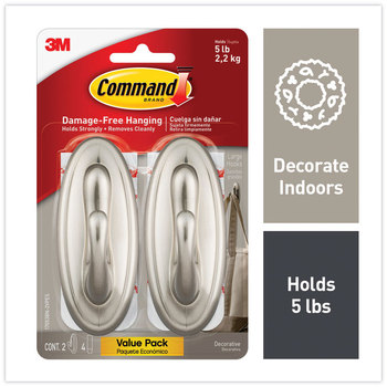 Command™ Decorative Hooks Traditional, Large, Metal, Brushed Nickel, 5 lb Capacity, 2 and 4 Strips/Pack