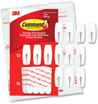 Command™ General Purpose Hooks Wire Medium, Metal, White, 2 lb Capacity, 13 and 16 Strips/Pack