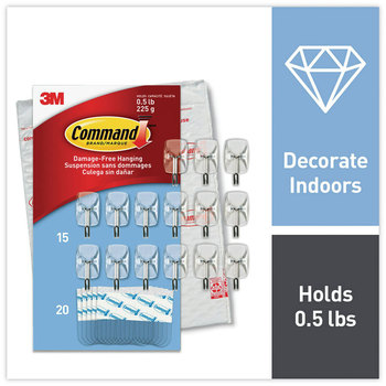 Command™ Small Wire Hooks Plastic/Metal, Clear, 0.5 lb Capacity, 15 and 20 Strips/Pack