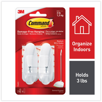 Command™ General Purpose Hooks Wire Medium, Metal, White, 3 lb Capacity, 2 and 4 Strips/Pack