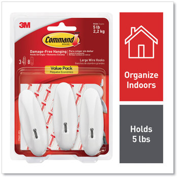 Command™ General Purpose Hooks Wire Large, Metal, White, 5 lb Capacity, 3 and 8 Strips/Pack