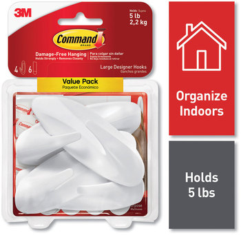 Command™ General Purpose Hooks Large, Plastic, White, 5 lb Capacity, 4 and 6 Strips/Pack